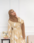 Noor champagne feather-print dress