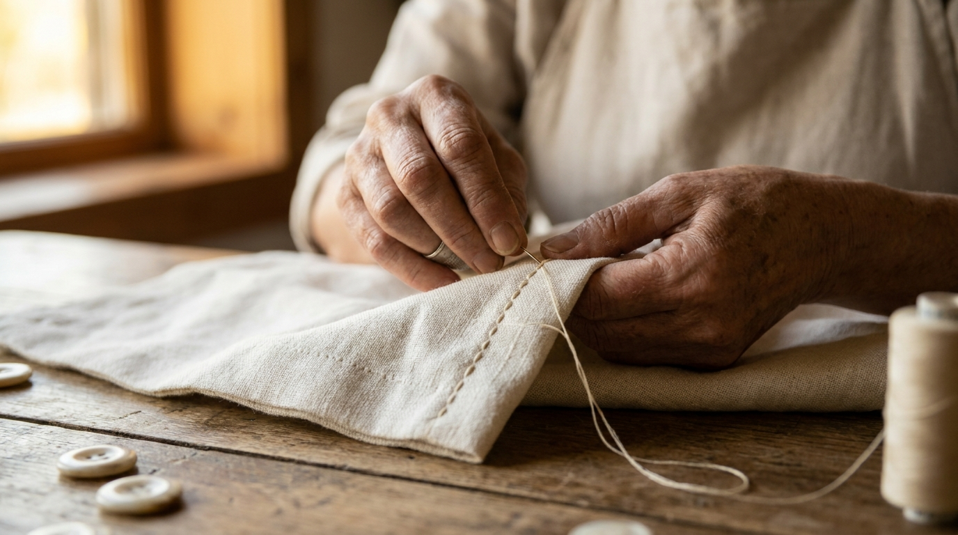 Artisan hands stitching a fine seam on cream fabric