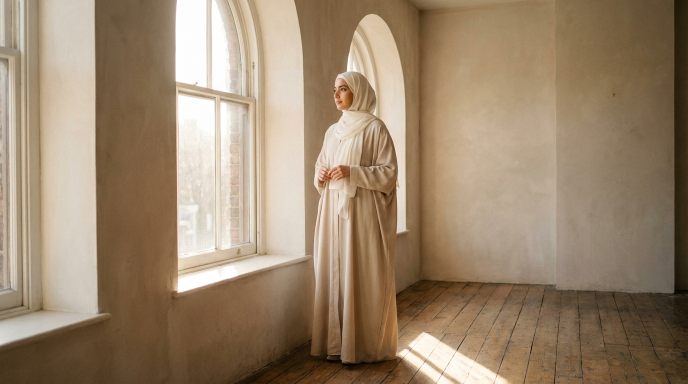 A modest woman in bone abaya and ivory hijab, warm editorial light