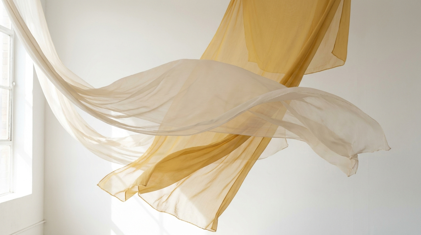 Flowing chiffon fabric suspended in natural light, ivory and saffron tones