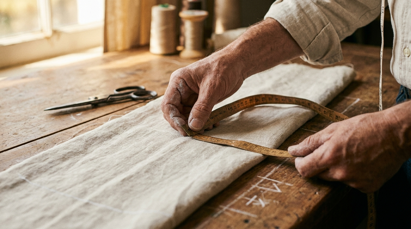 Artisan hands measuring and cutting fabric on a workbench, warm workshop light
