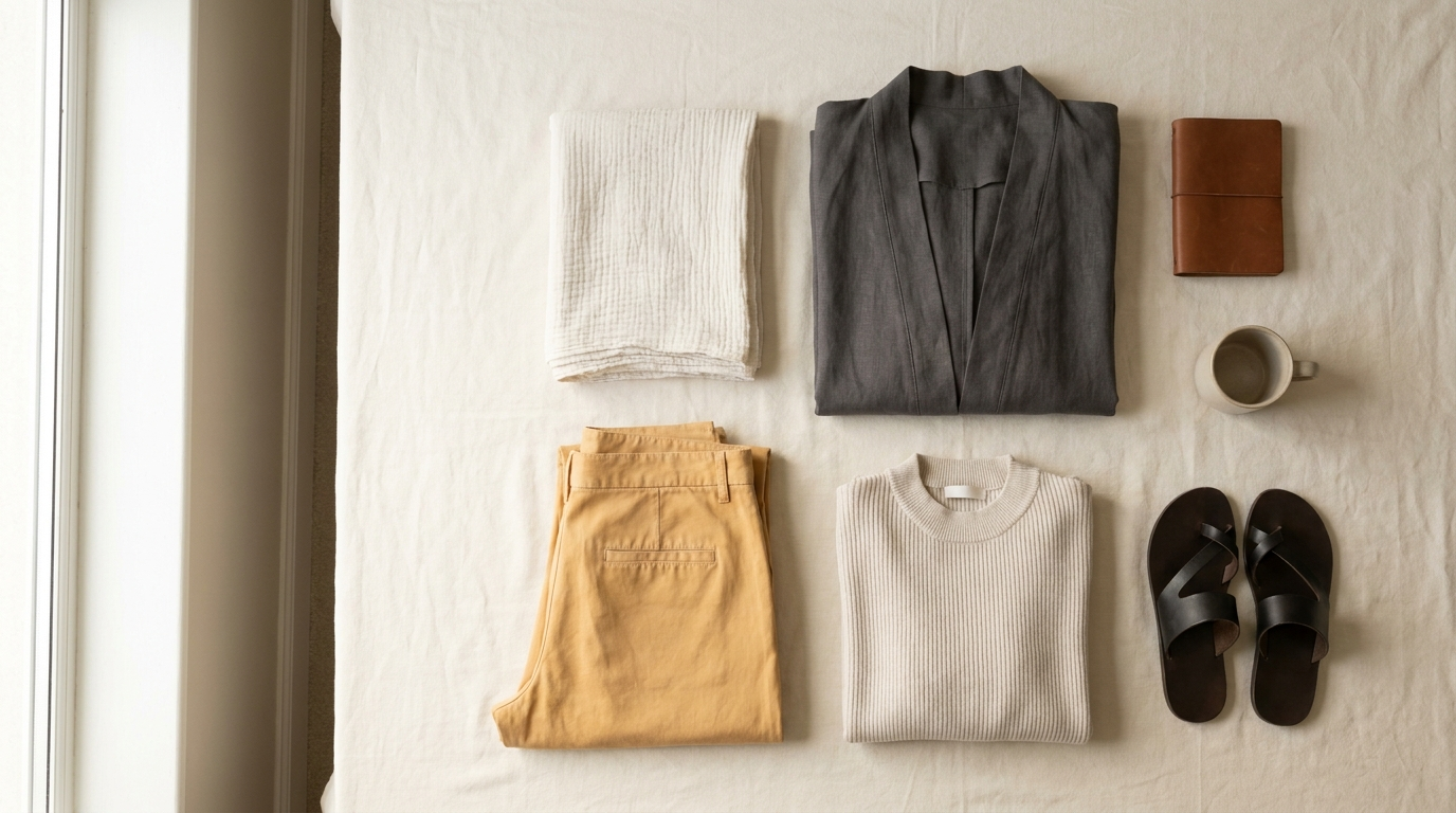 Flat lay of modest clothing essentials in bone and saffron on cream linen