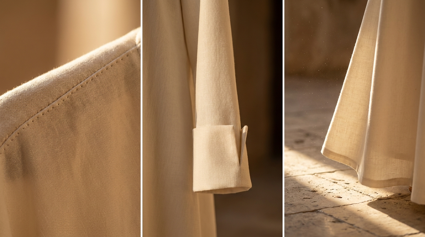 Close-up of abaya construction details — shoulder seam, cuff, hem, fine fabric
