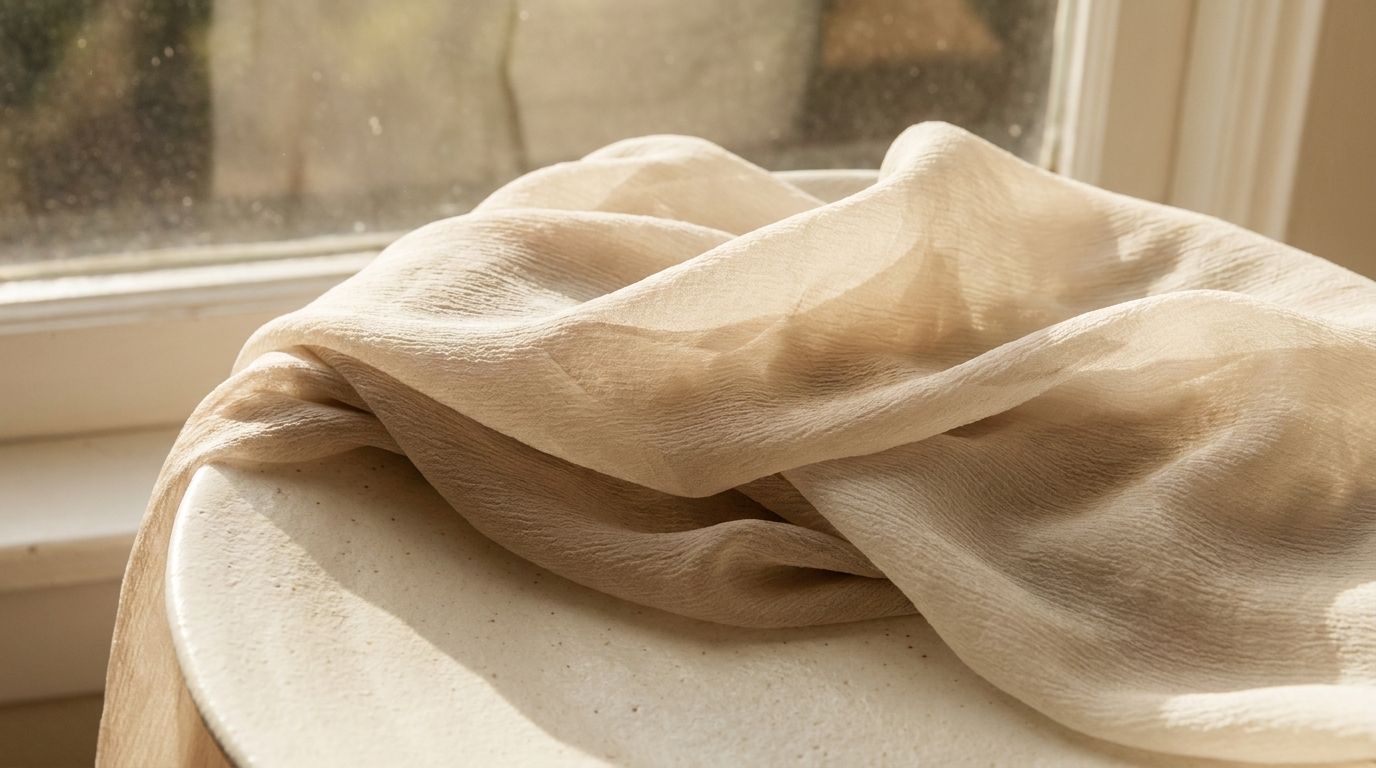 Soft chiffon hijab fabric draped on a cream surface, showing texture and weight