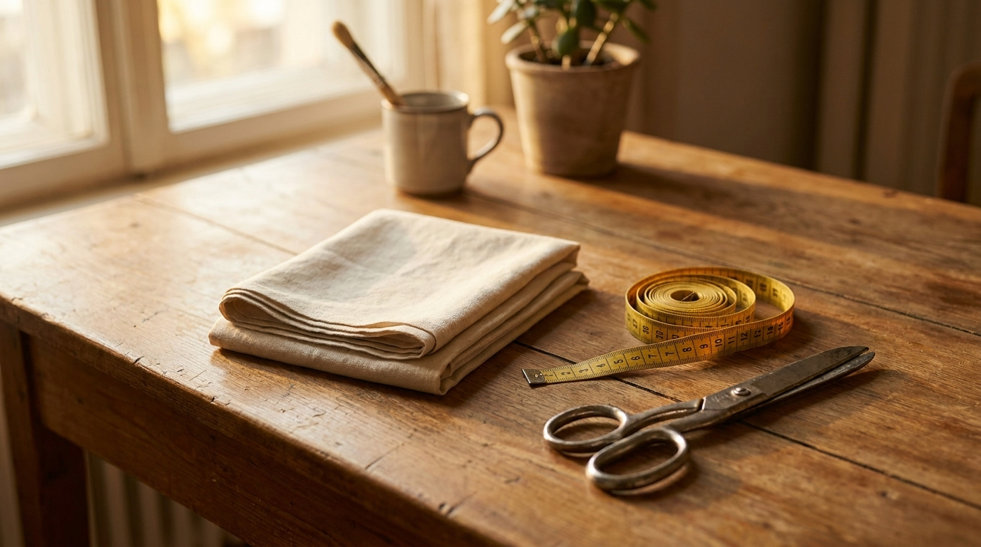A folded hijab and measuring tape on an atelier worktable, warm workshop light