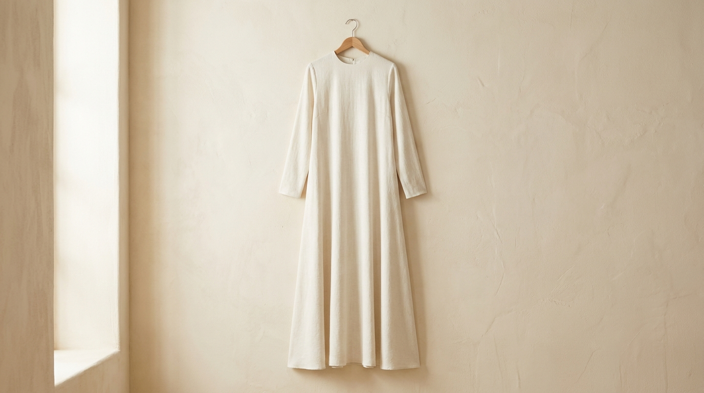 A flowing bone-ivory modest maxi dress hanging on a wooden hanger, morning light