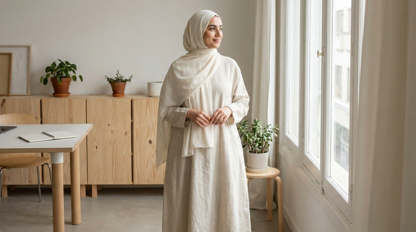A woman in a flowing bone modest maxi dress and ivory hijab in a minimalist workspace