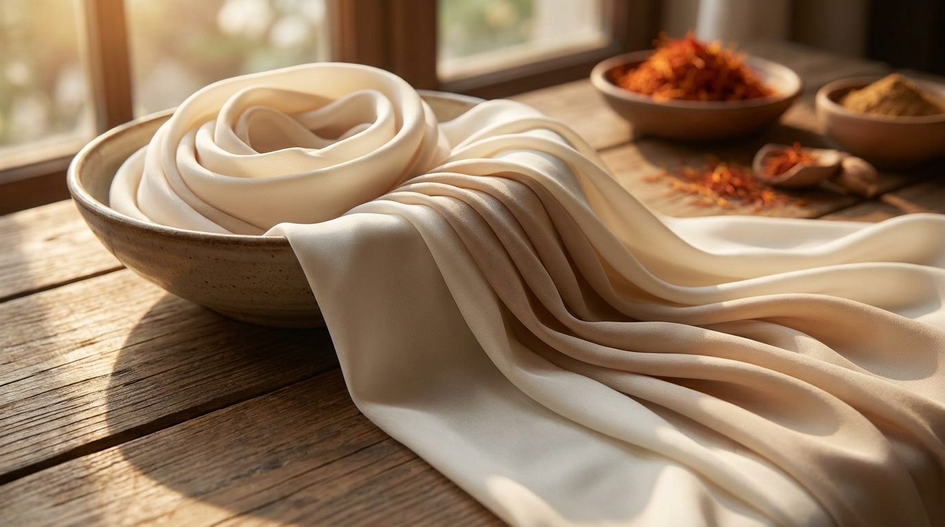 An ivory and bone hijab beautifully draped as an editorial still life