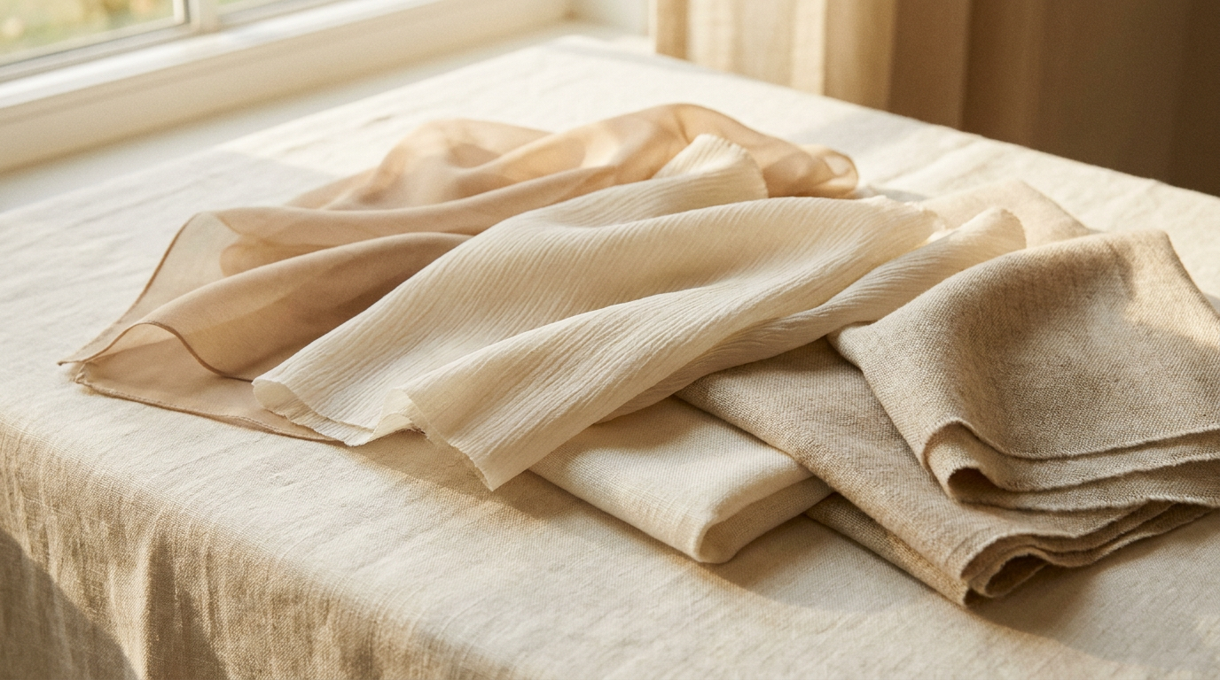 Fine fabric swatches in sand, ivory and bone tones on a cream linen surface