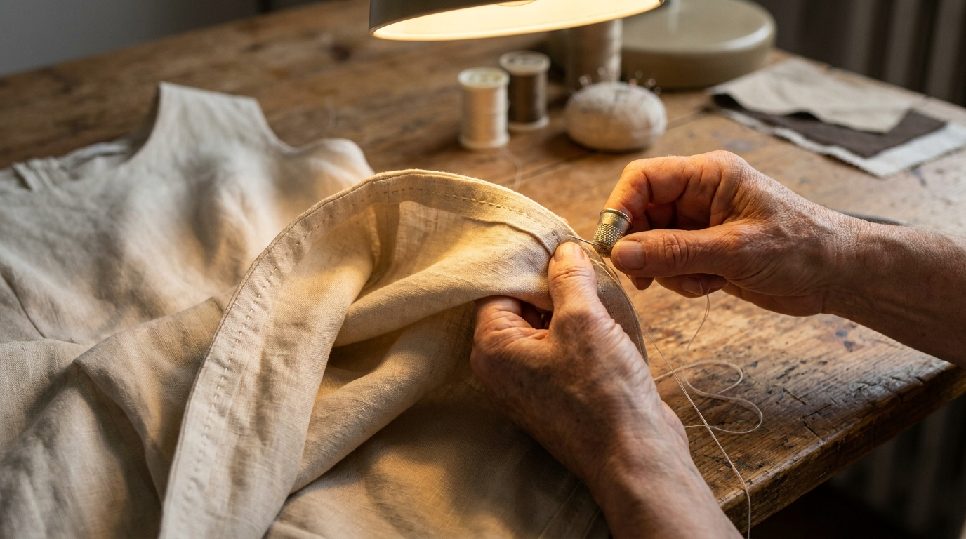 Artisan hands stitching the inside seam of a flowing modest dress