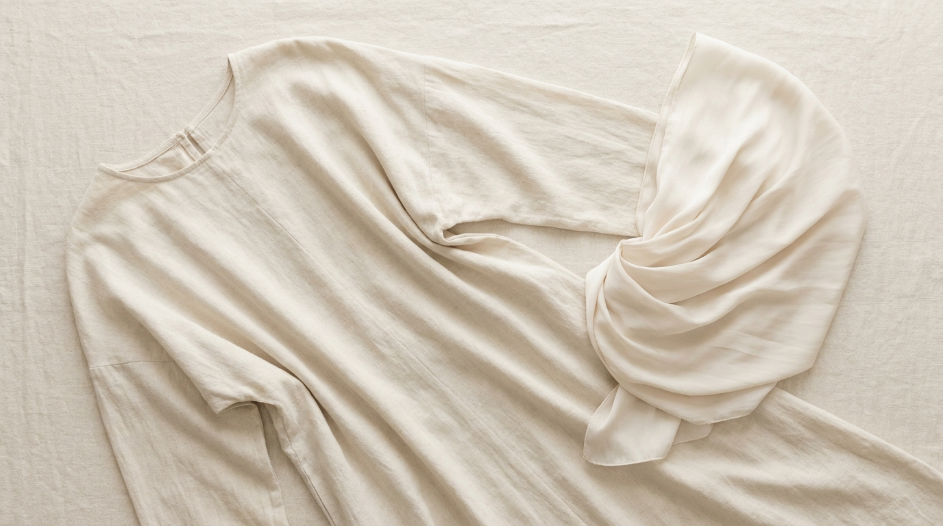 A bone modest maxi dress and folded ivory hijab arranged on cream linen