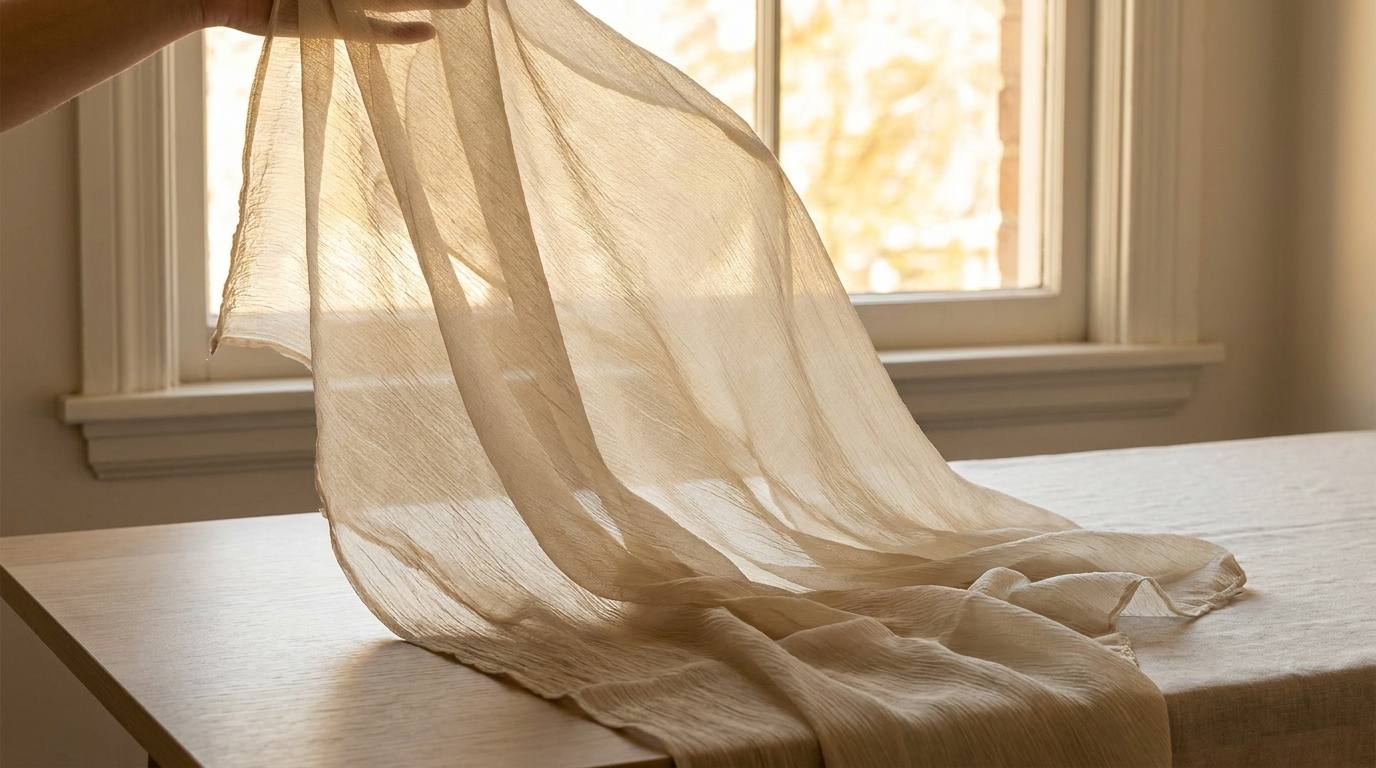 Soft chiffon hijab fabric held to natural window light, showing drape and translucency