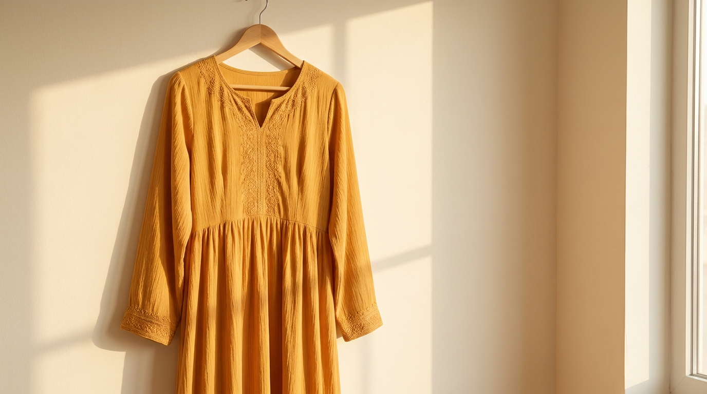 A saffron-gold modest maxi dress with embroidery on a wooden hanger, evening light