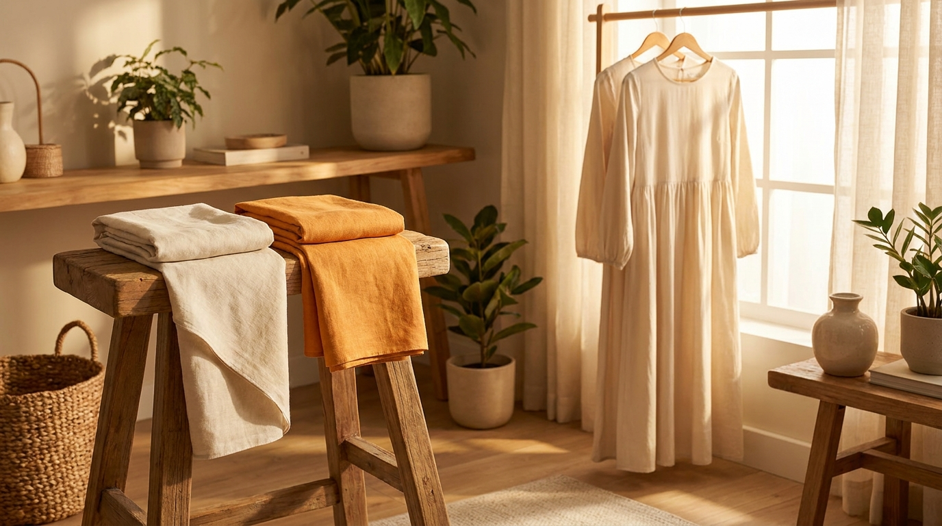 Two folded hijabs and a hanging modest maxi dress, a considered wardrobe still life