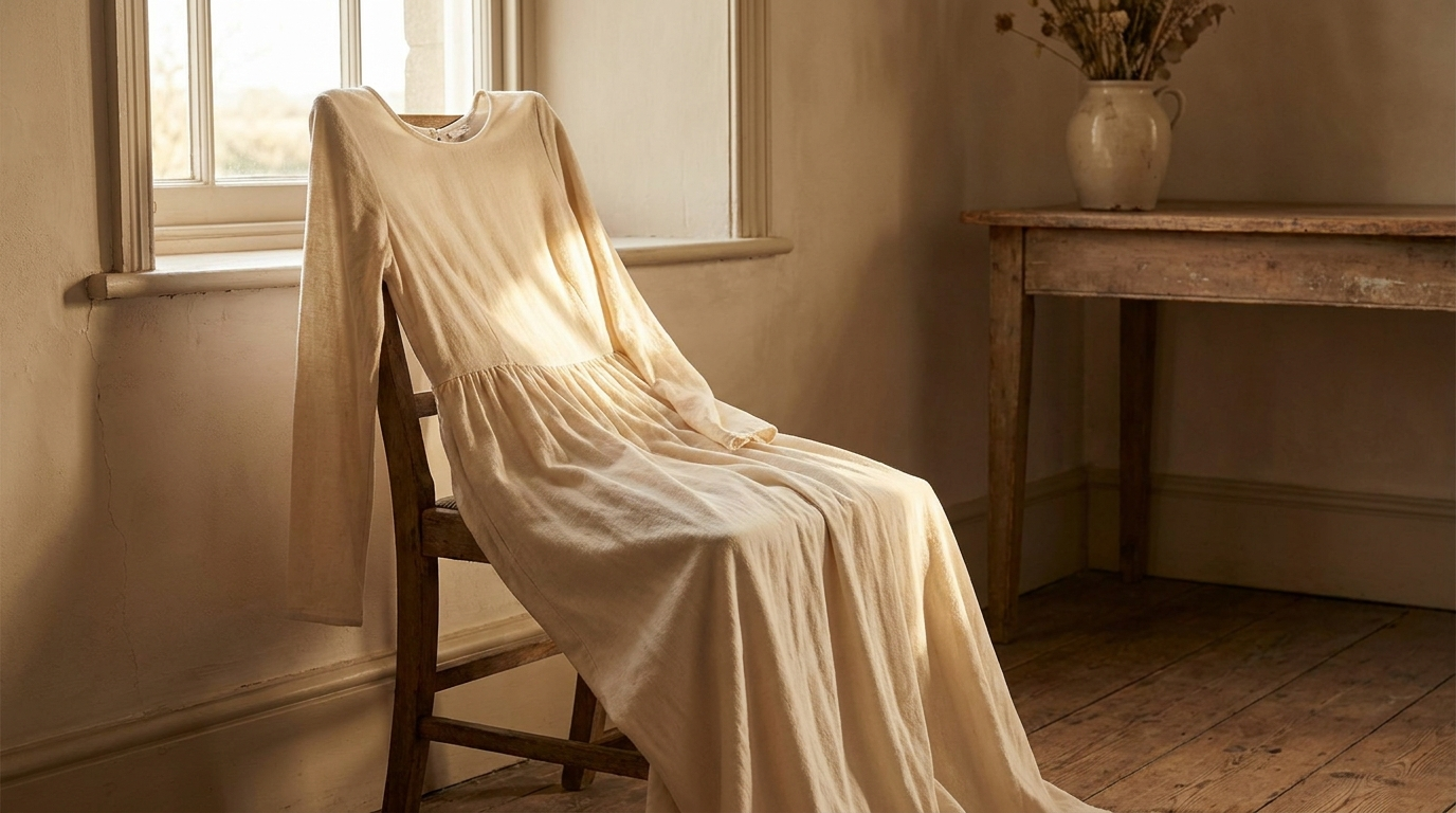 A single bone modest maxi dress draped over a chair in warm morning light