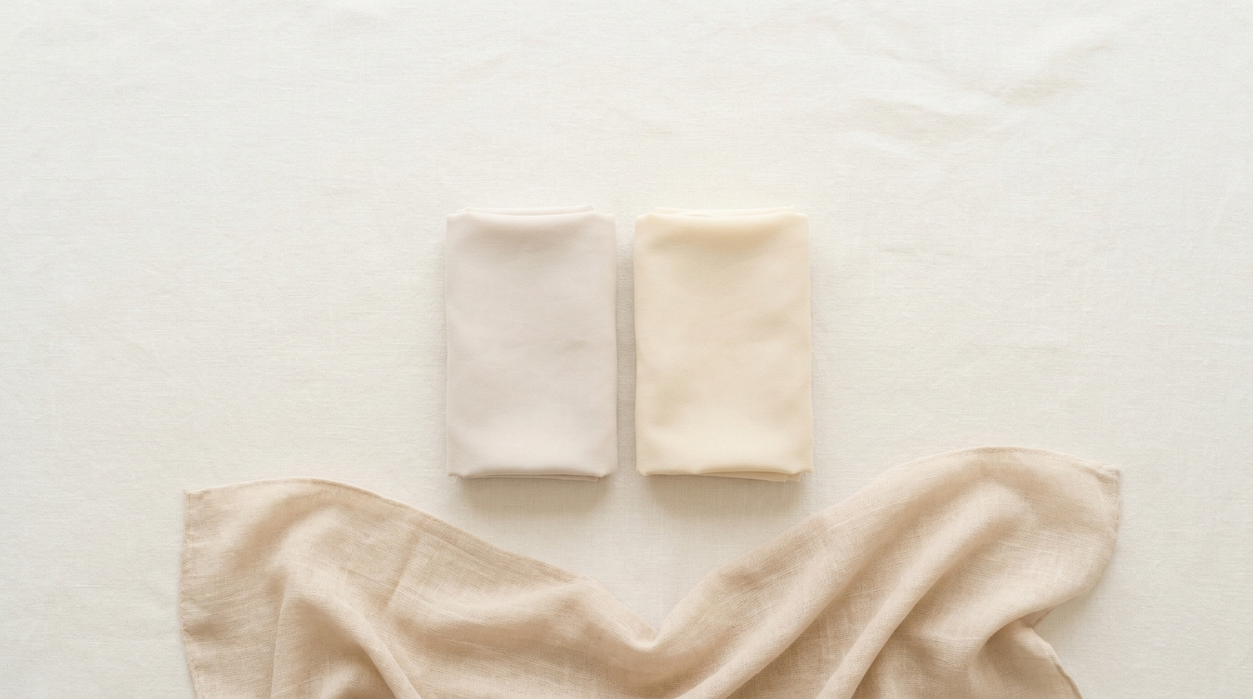 Two folded hijabs and modest dress fabric on cream linen, the capsule at its essentials