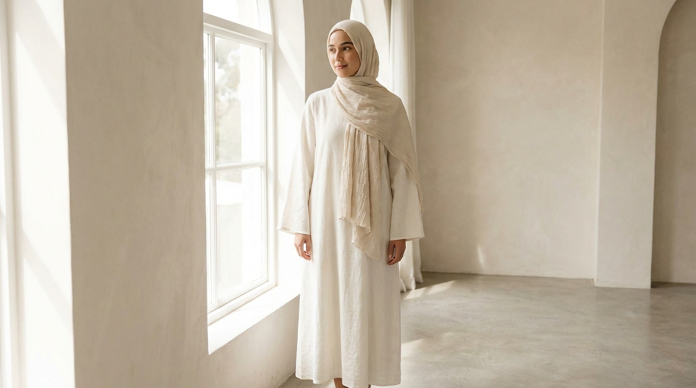A woman in a flowing ivory modest maxi dress and bone hijab in a minimalist interior