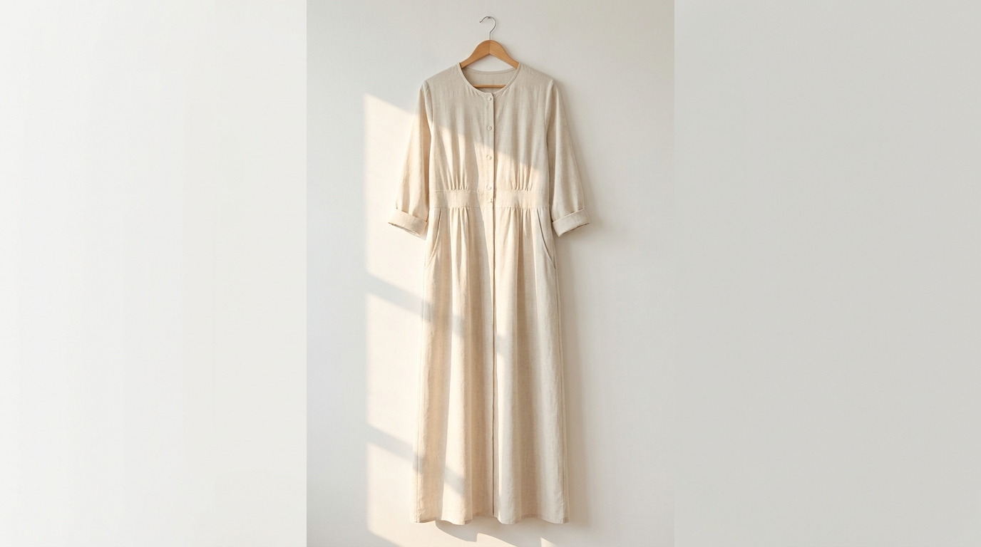 A bone modest maxi dress against a white wall, full length from shoulder seam to ankle hem