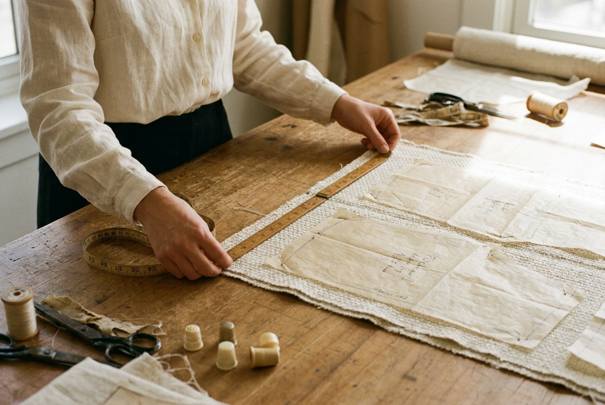 Close detail of a garment cutting table — pattern tissue pieces laid on bone-colored woven fabric, hands measuring against the selvage
