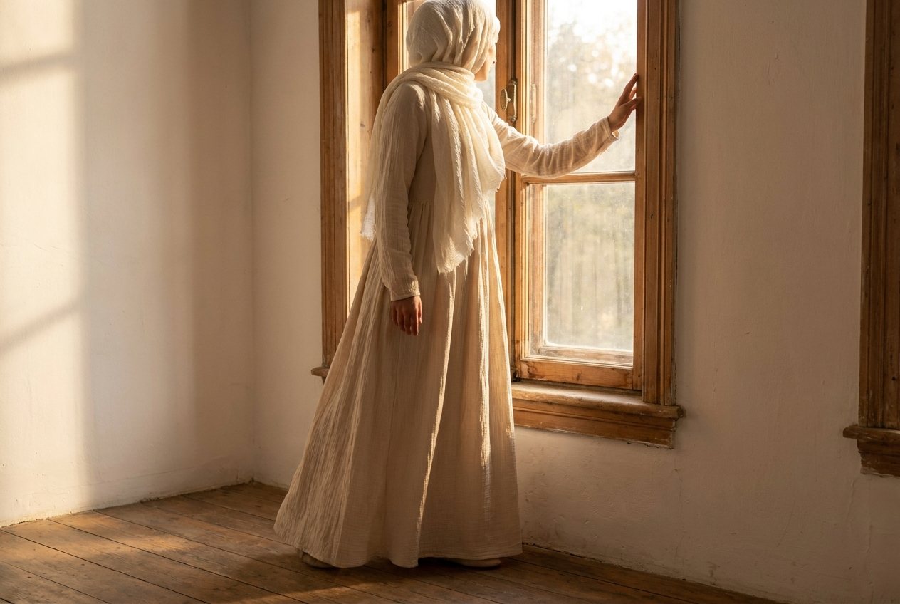 A woman in a long bone ivory modest maxi dress at a tall window in morning light, hijab naturally draped, fabric catching the light