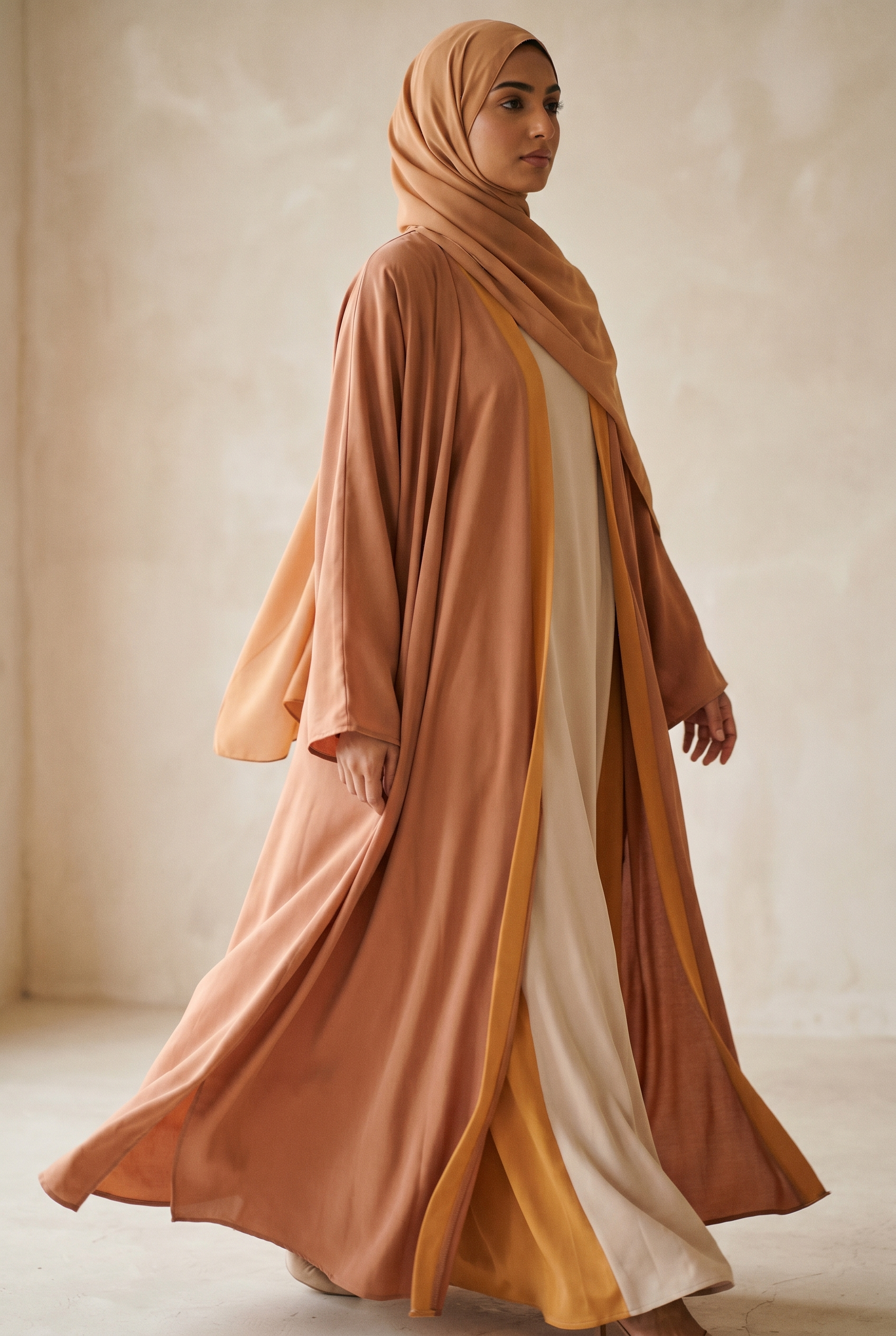 A model wears a flowing full-length Aeshal abaya in warm clay and bone tones