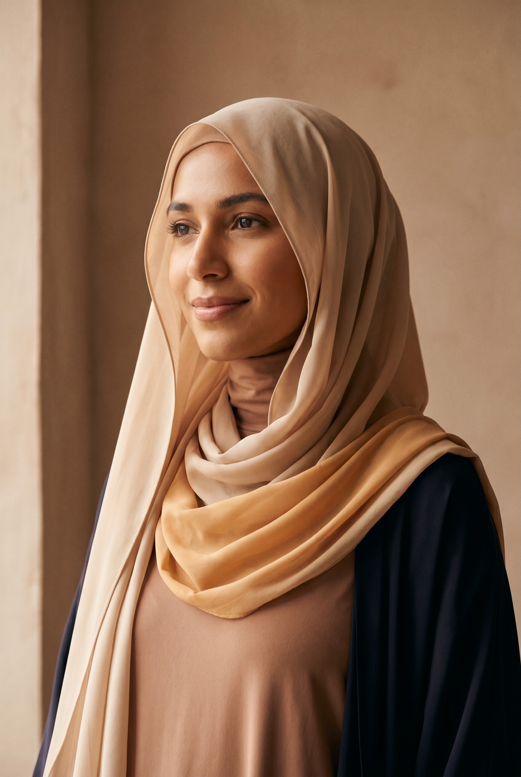 A softly draped Aeshal chiffon hijab in warm bone and saffron tones
