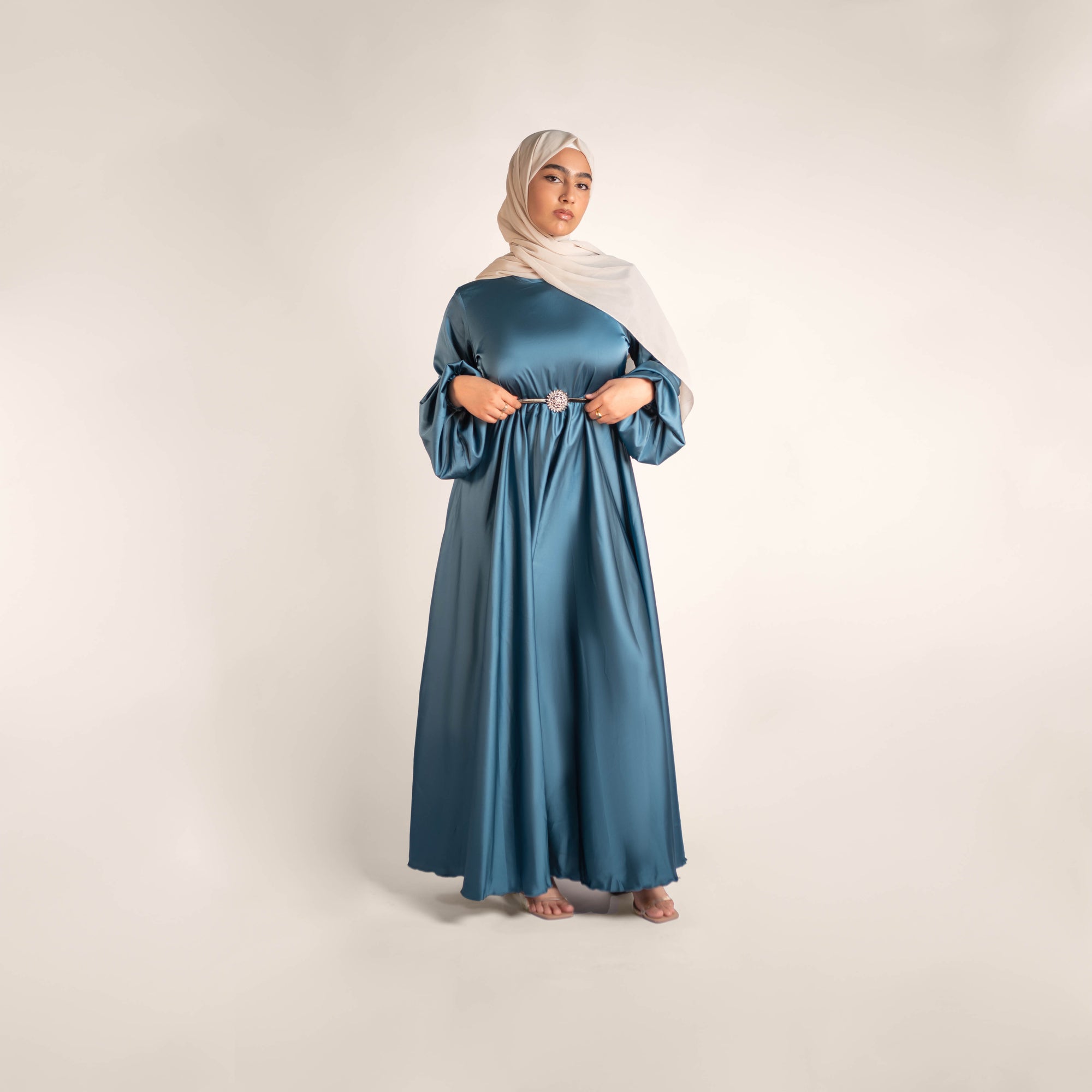 Dazzling Delights Puffy Sleeve Flowy Satin Grown