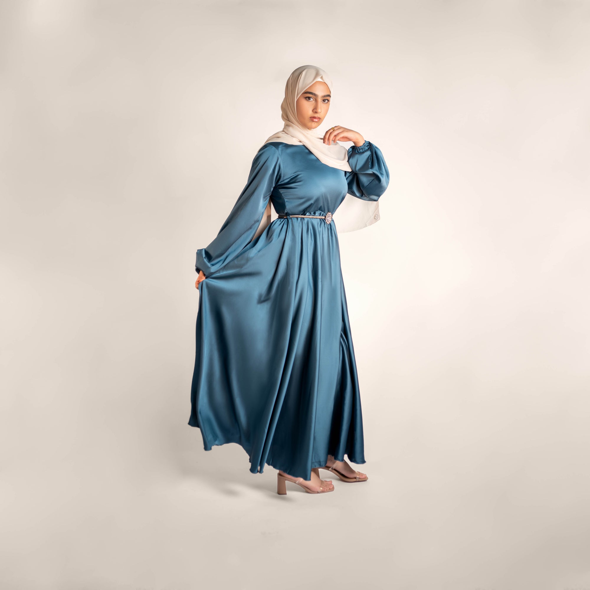 Dazzling Delights Puffy Sleeve Flowy Satin Grown