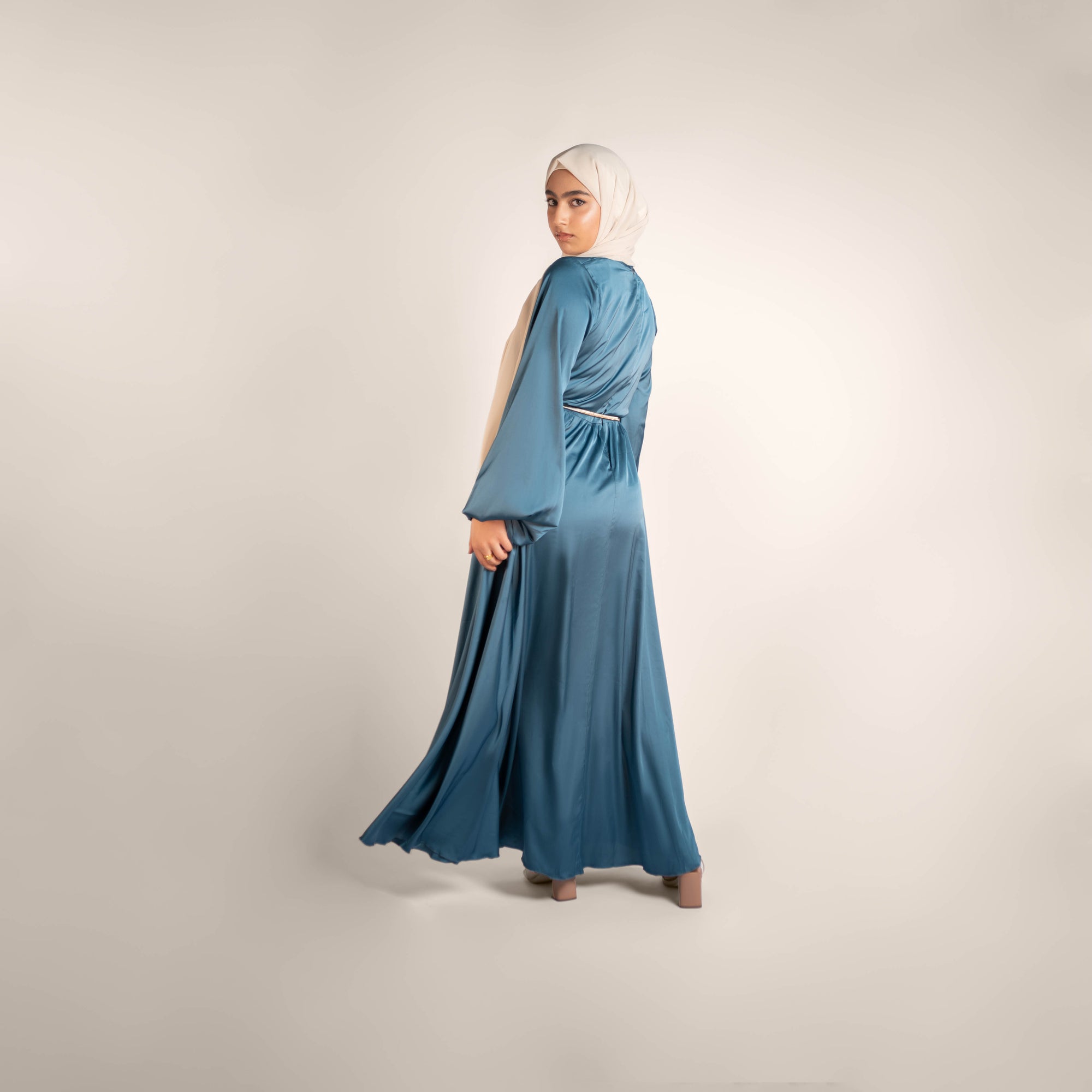 Dazzling Delights Puffy Sleeve Flowy Satin Grown