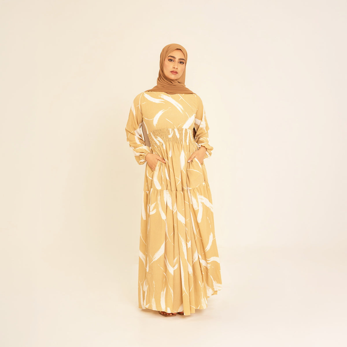 Noor champagne feather-print dress, front view, full length
