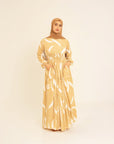 Noor champagne feather-print dress, front view, full length
