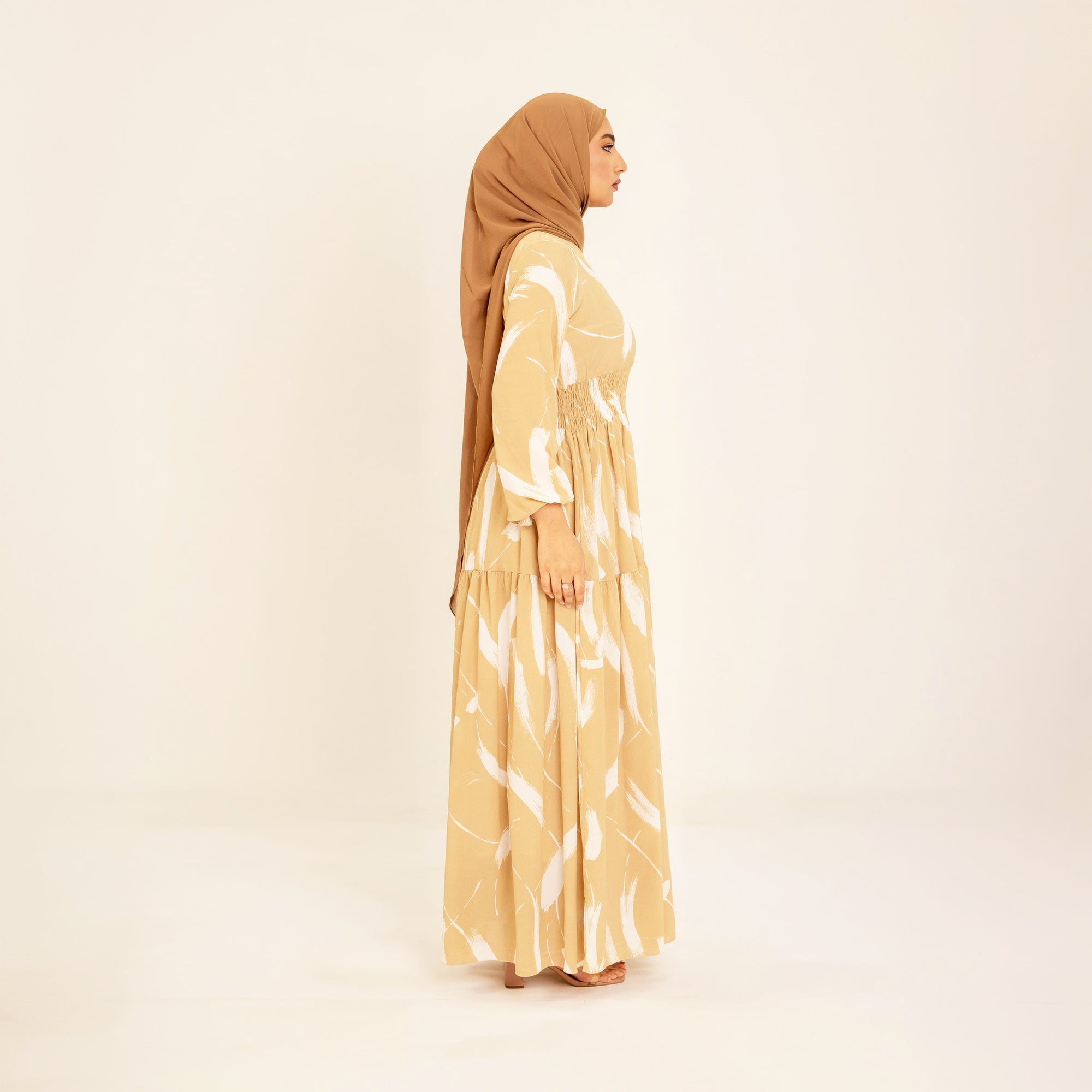 Noor champagne feather-print dress, side view, full length