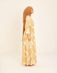 Noor champagne feather-print dress, side view, full length