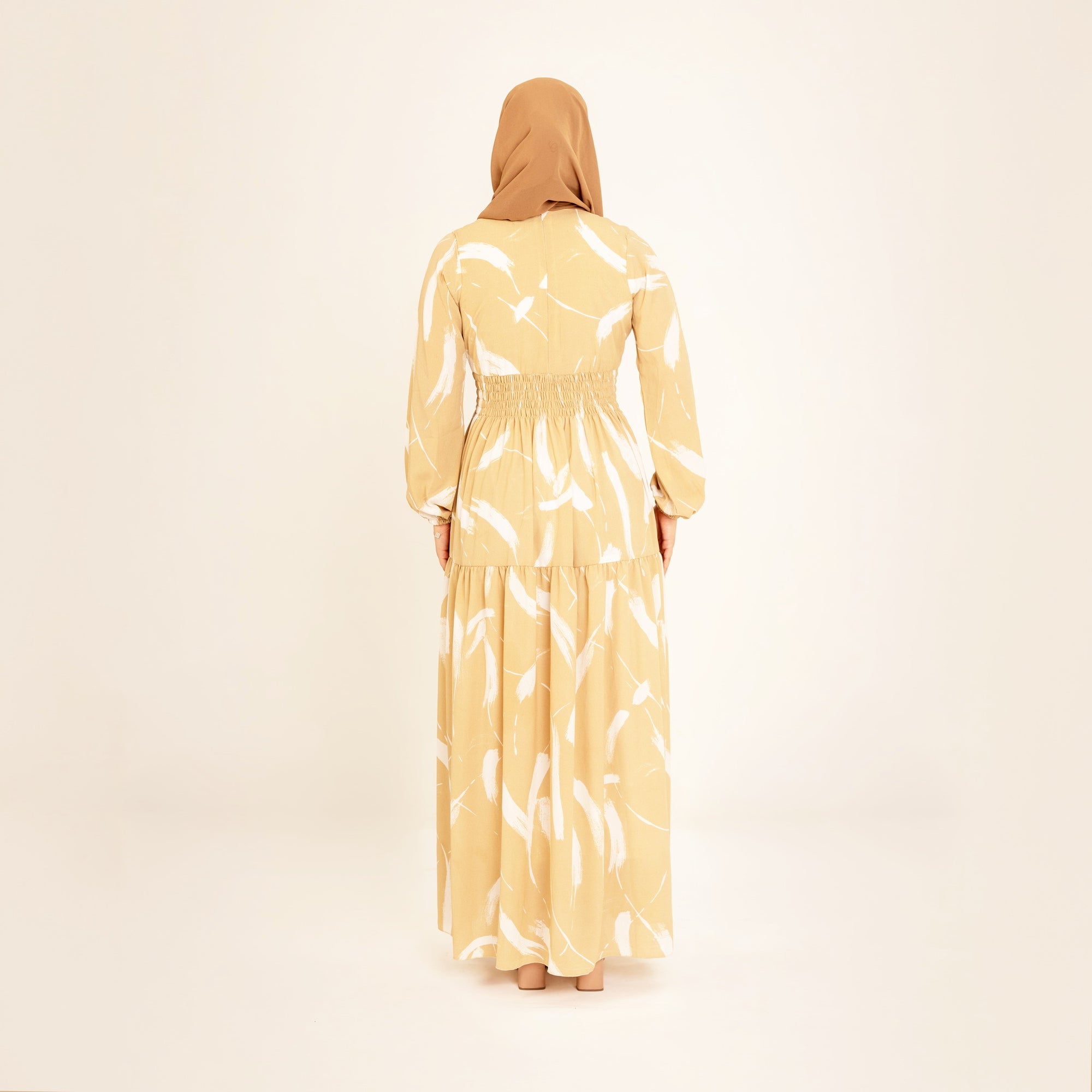 Noor champagne feather-print dress, back view, full length