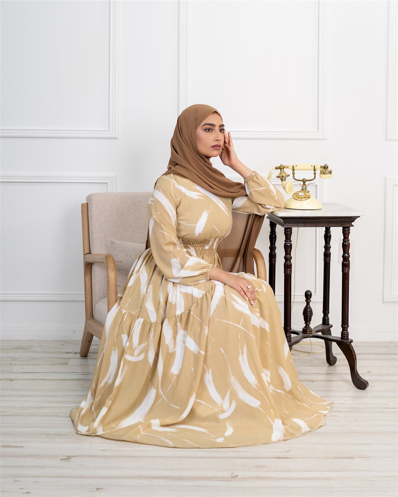Noor champagne feather-print dress