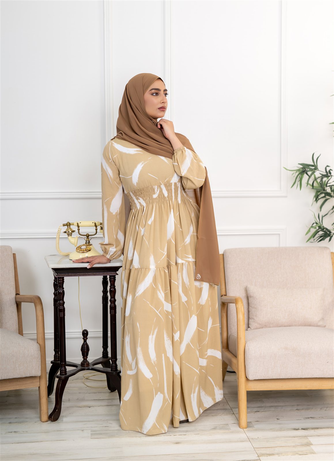 Noor champagne feather-print dress