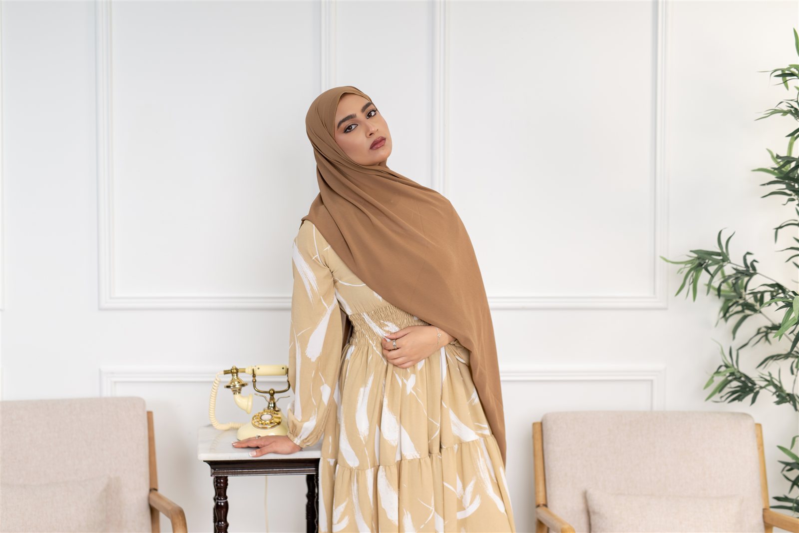 Noor champagne feather-print dress