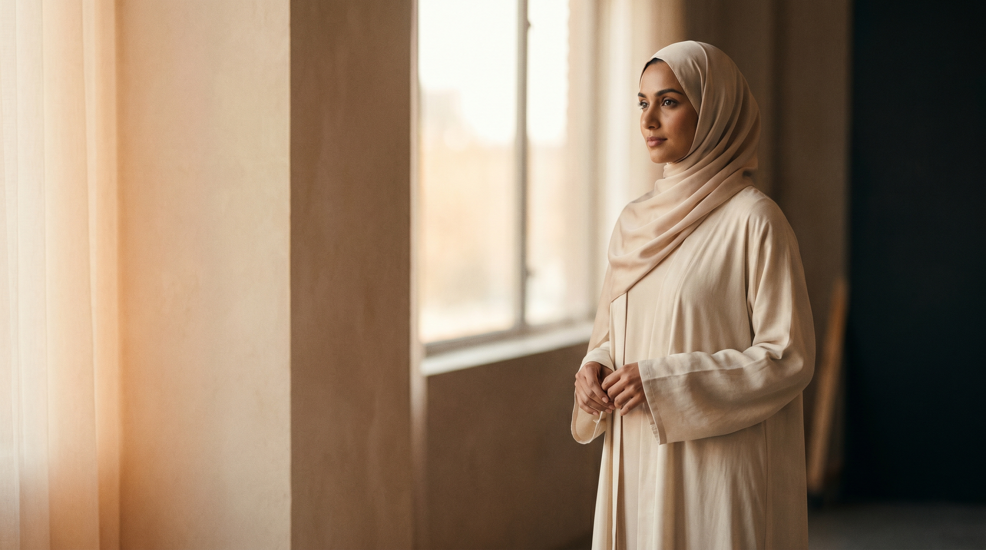 Aeshal hero — a woman in a flowing bone abaya and softly draped hijab in warm light