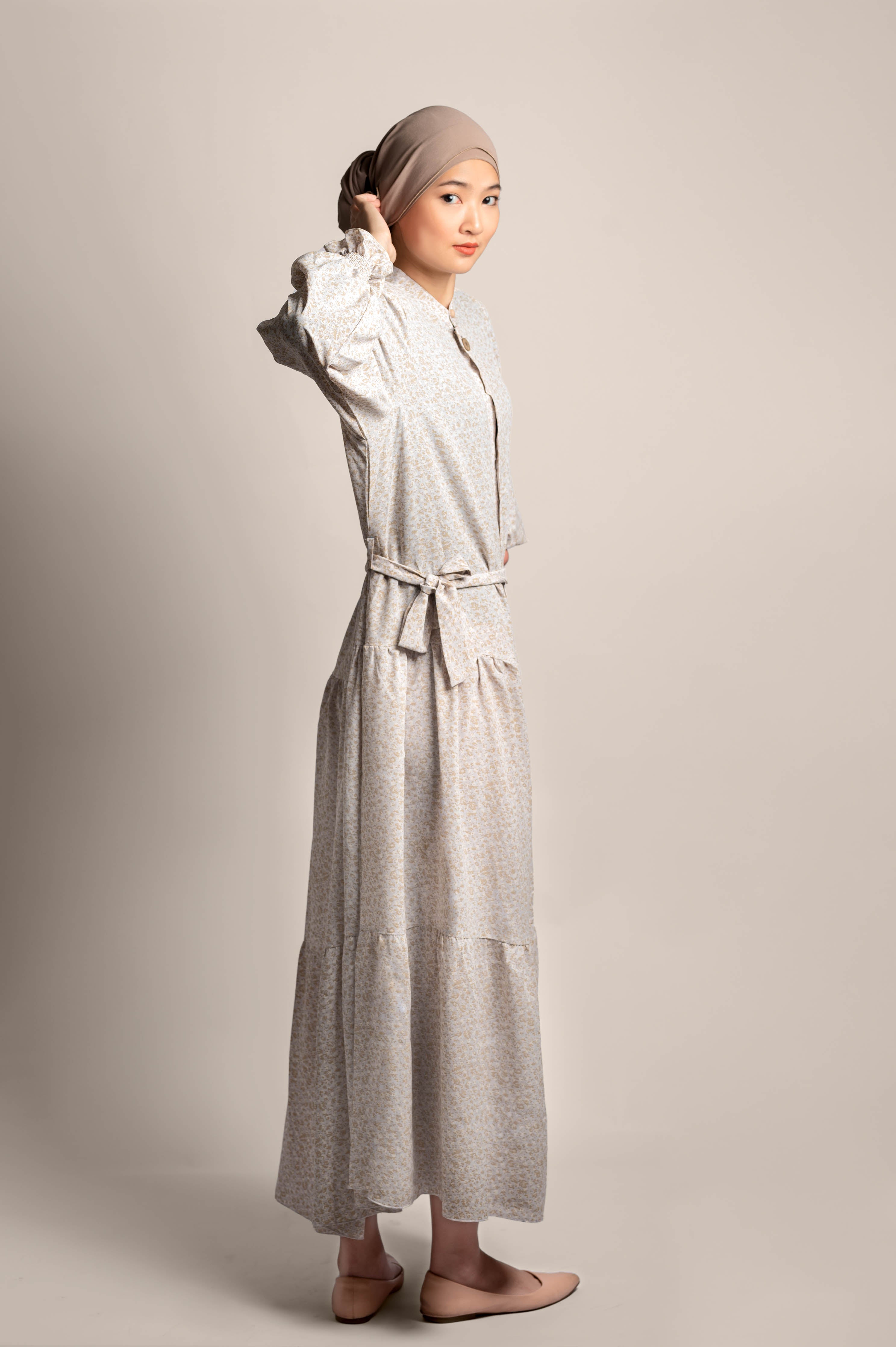 White Blossom Tie Waist Printed Dress