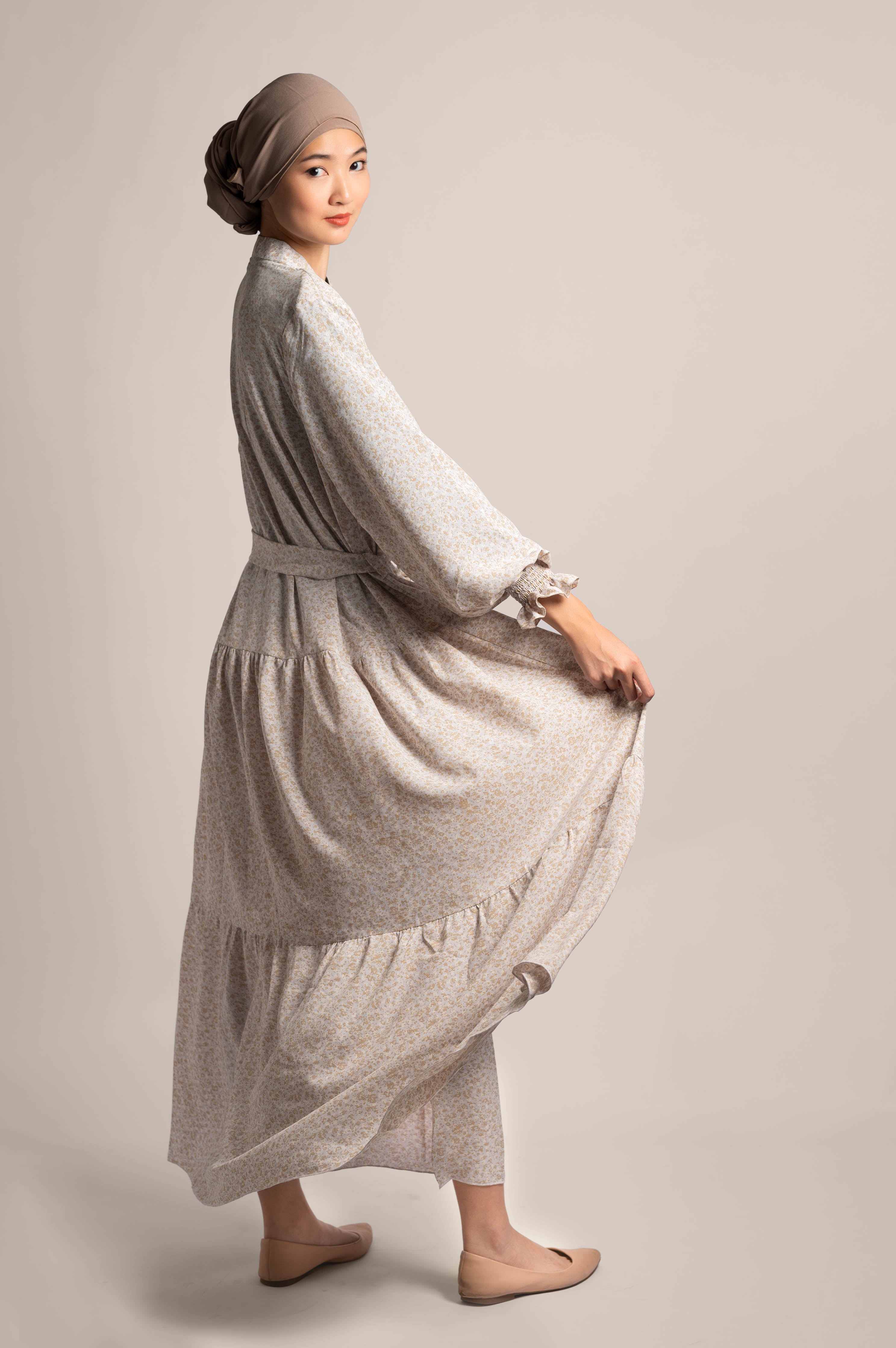 White Blossom Tie Waist Printed Dress