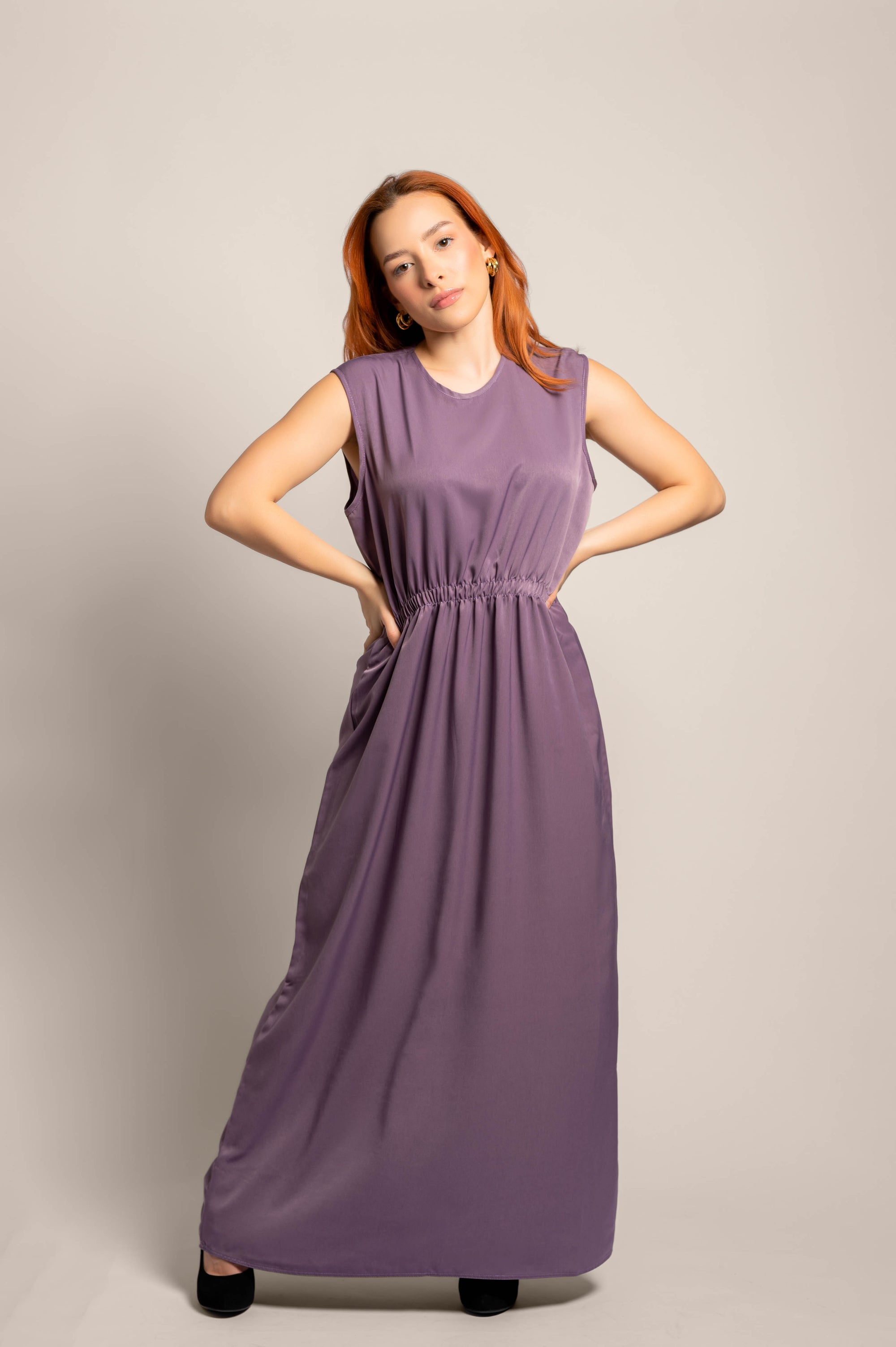 Color Me Purple Elastic Waist Pattern Dress