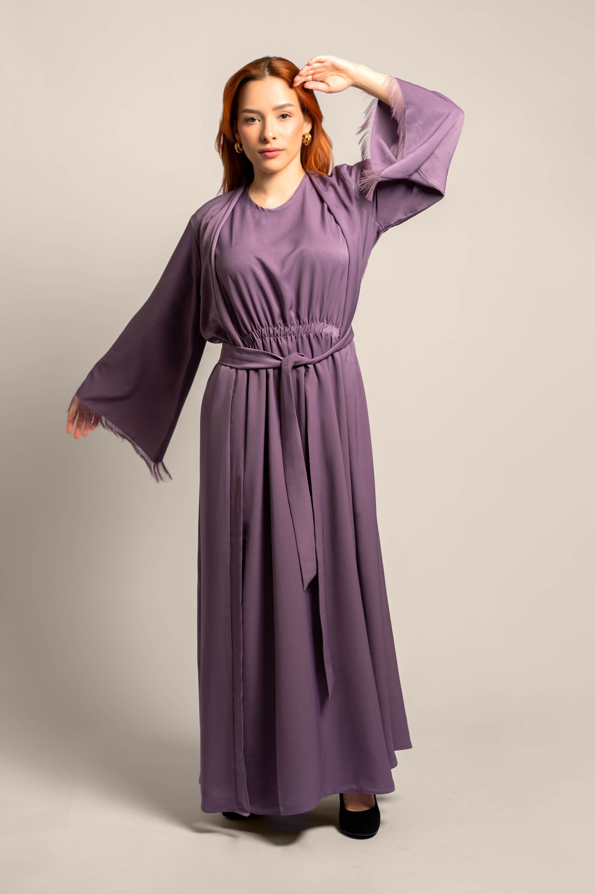 Long Lace Sleeve Front Tie Abaya 